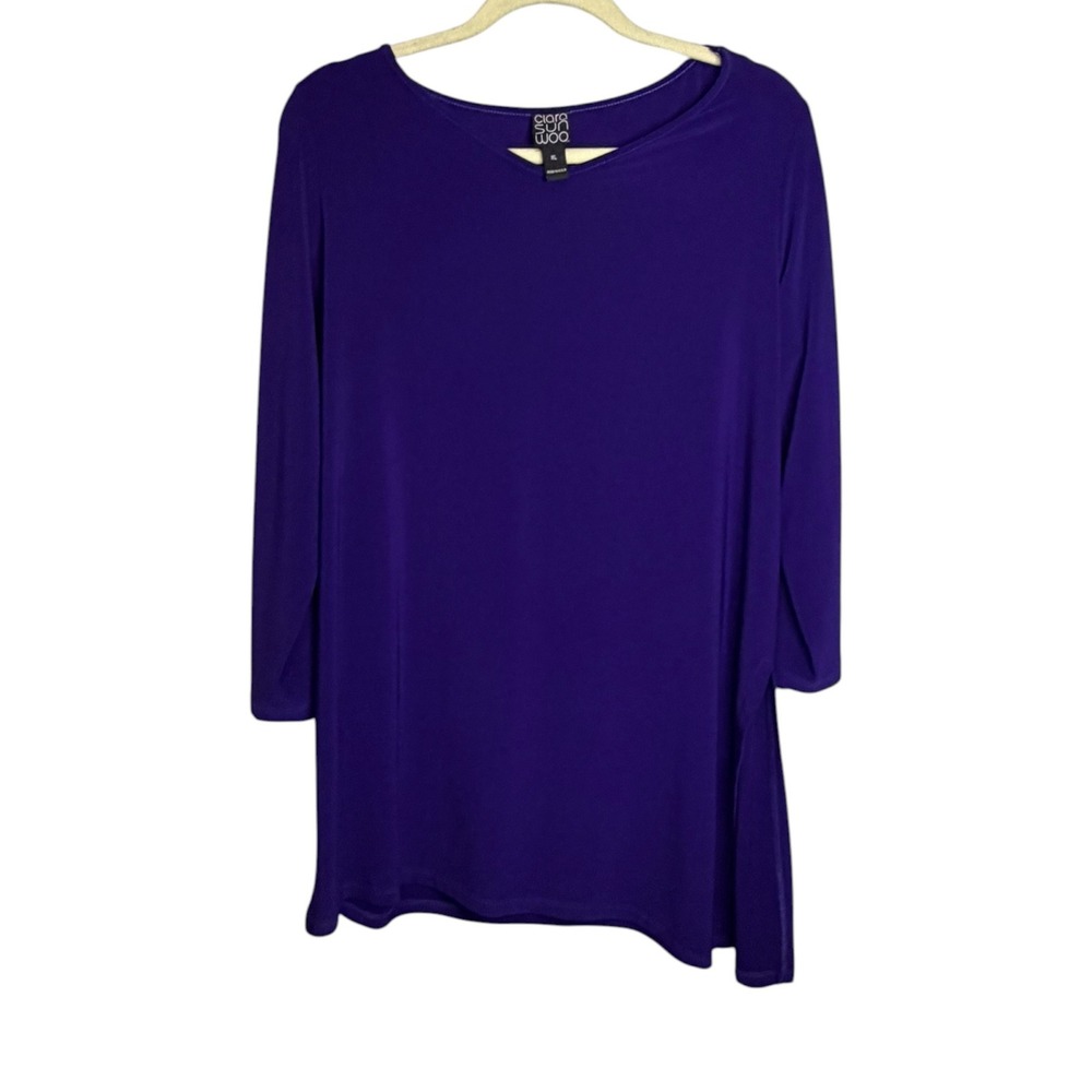 Clara Sun Woo Blouse Women's XL 3/4 Sleeve Tunic Office Business Purple Blue